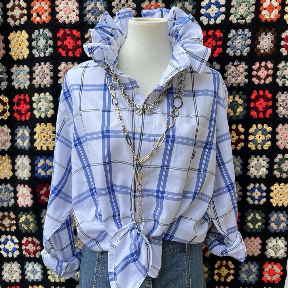 Upcycled Coastal Chic Chaps Blue & White Windowpane Check Ruffle Collar Shirt L